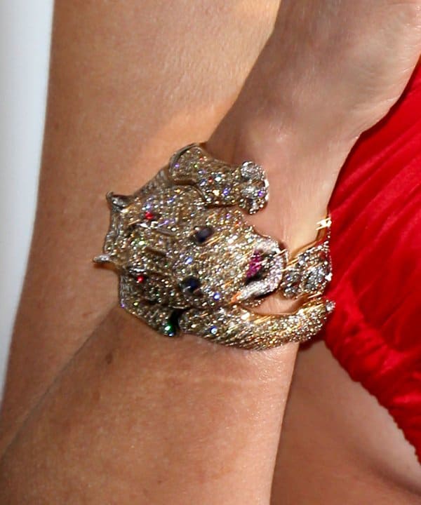 Close-up of Sharon Stone's dazzling De Grisogono jeweled bracelet at the De Grisogono Party in Antibes, France