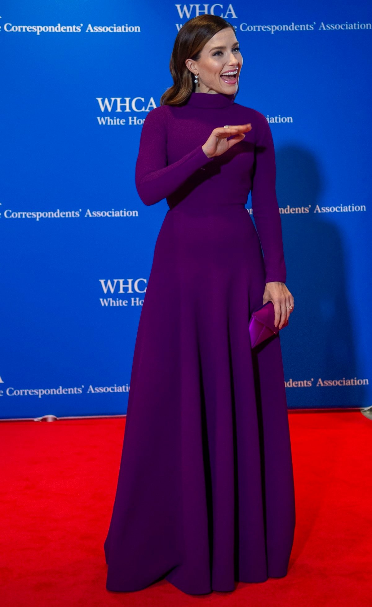 Sophia Bush in a magenta Emilia Wickstead high-neck gown at the 2022 White House Correspondents' Association Dinner