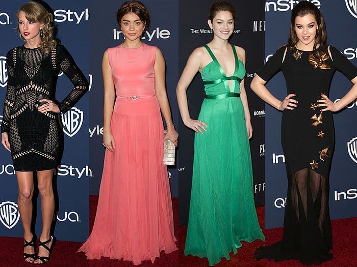 Taylor Swift, Sarah Hyland, Odeya Rush, and Hailee Steinfeld brought distinct glamour to the Warner Bros. and InStyle Golden Globe Awards after-party—ranging from edgy black mesh and vibrant coral to bold green and celestial black gowns