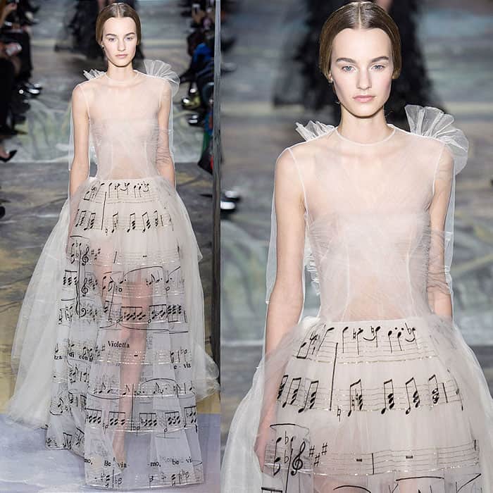The musical-note-printed gown at the Valentino Spring 2014 Couture fashion presentation during Paris Fashion Week in Paris, France, on January 22, 2014
