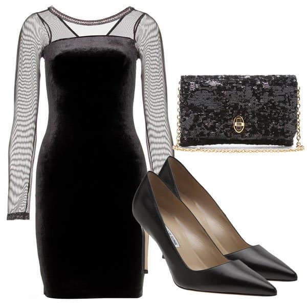Velvet dress with clutch and Manolo Blahnik shoes