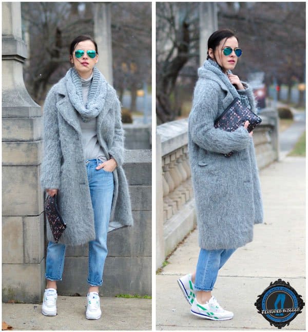 Veronica paired her sneakers with jeans and an oversized coat