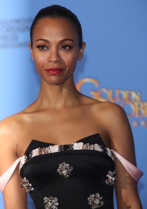 Zoe Saldana in a strapless cocktail dress