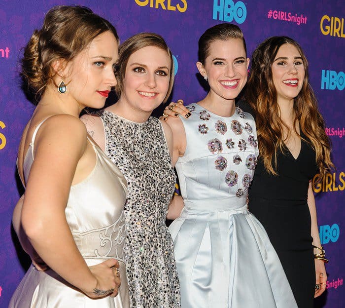 Jemima Kirke, Lena Dunham, Allison Williams and Zosia Mamet pose for photos at the "Girls" Season 3 premiere