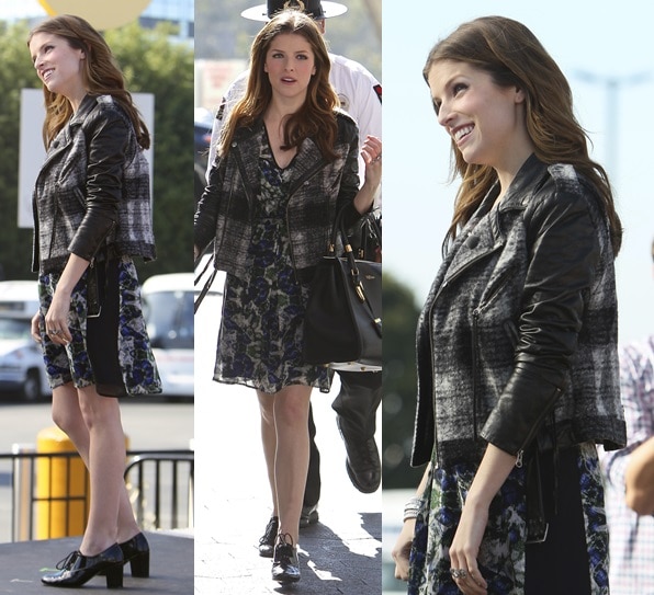 Anna Kendrick finishing off her mixed-print outfit with patent oxfords