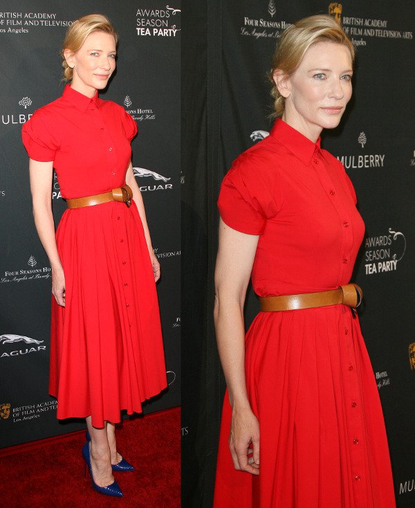 Best Actress nominee for Blue Jasmine Cate Blanchett in a red Michael Kors dress at the 2014 BAFTA Tea Party
