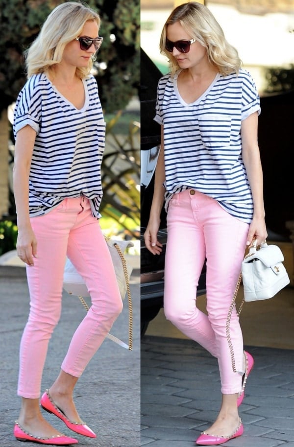 Diane Kruger wearing a Breton striped shirt paired with dusty pink skinny jeans in West Hollywood, California, on January 11, 2014