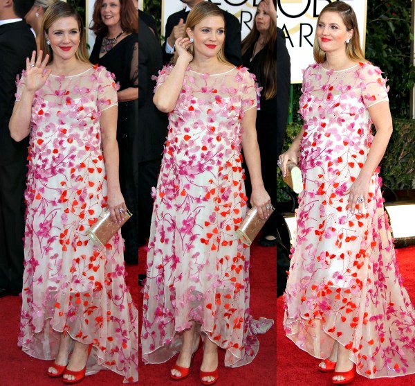 Drew Barrymore looked ready for Valentine's Day in her Monique Lhuillier dress that proudly displayed her love for bold colors and pretty flowers