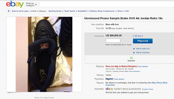 eBay listing for the limited edition sneakers from rapper Drake's own October's Very Own x Air Jordan line