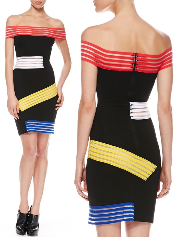 Christopher Kane Elastic-Striped Off-the-Shoulder Dress