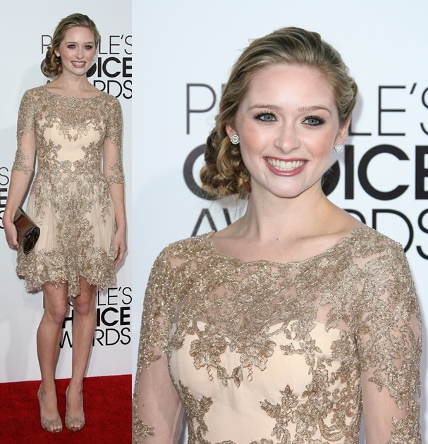 Greer Grammer as a golden girl wearing a beautiful lace frock at the 2014 People's Choice Awards held at the Nokia Theatre L.A. Live in Los Angeles on January 8, 2014