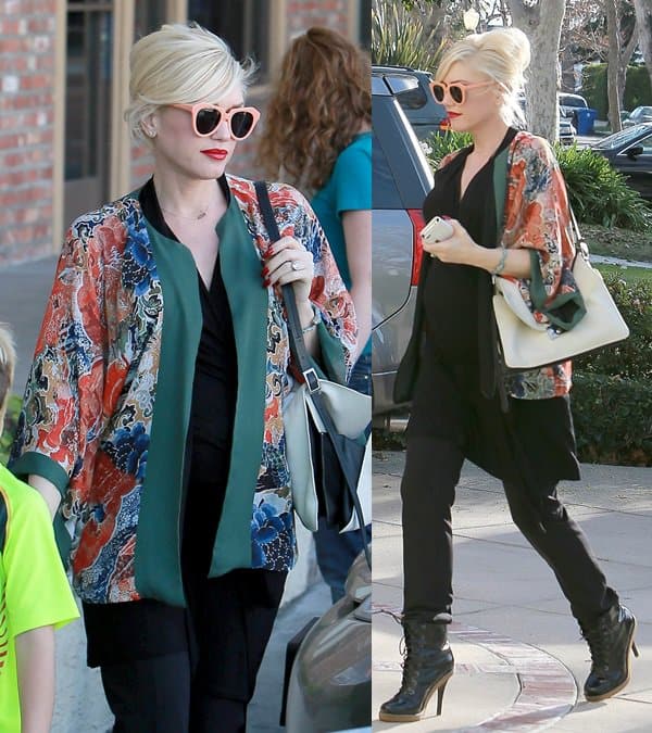 Gwen Stefani was spotted in Beverly Hills on December 27, 2013, wearing Karen Walker number one sunglasses, L.A.M.B. Nichol booties in black, and a Zara kimono top with elbow-length sleeves