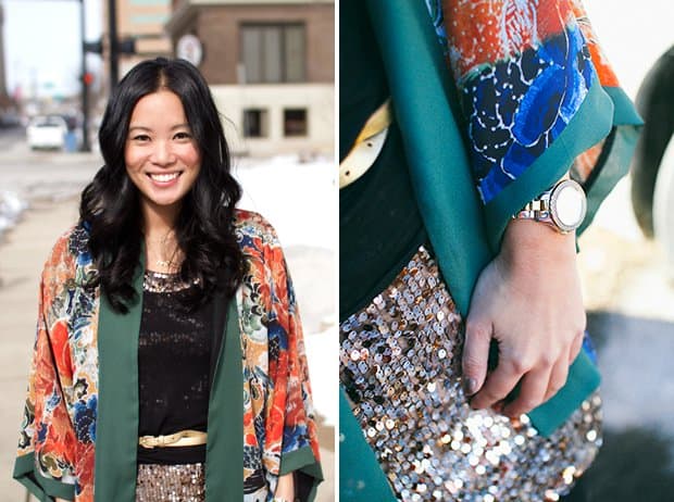 Kelly Purkey fashions the Zara printed kimono with a sequined skirt