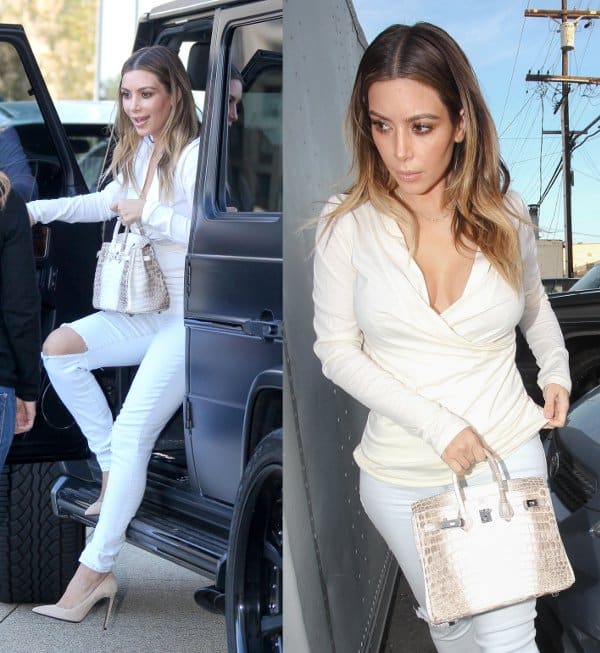 Kim Kardashian steps out in Los Angeles, effortlessly chic in an all-white outfit, accessorized with a rare ombré mini croc-embossed Hermes Himalayan Birkin handbag