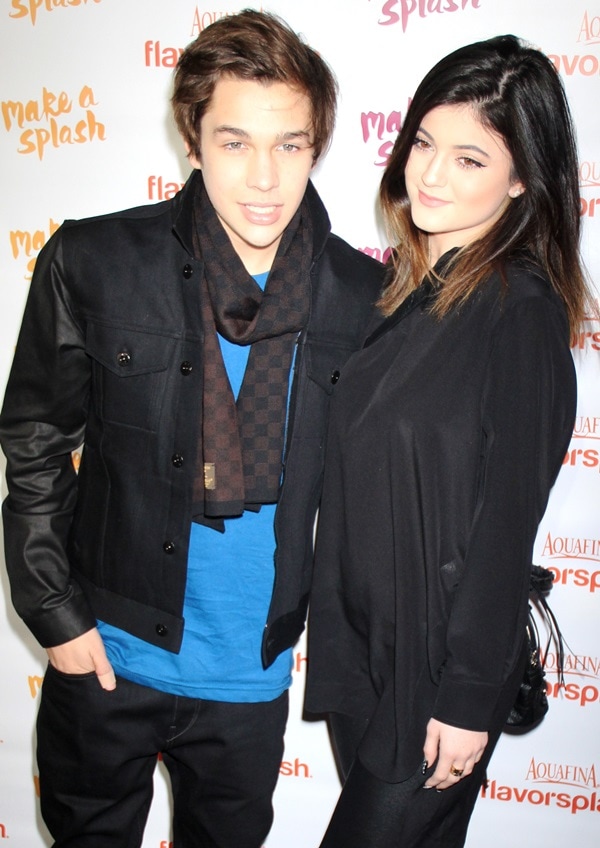 Austin Mahone and Kylie Jenner posing for the photographers at PepsiCo's Super Bowl celebration