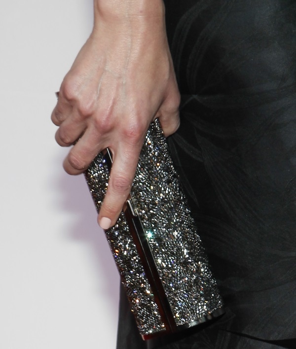 Leslie Bibb toting a crystal-encrusted barrel clutch 