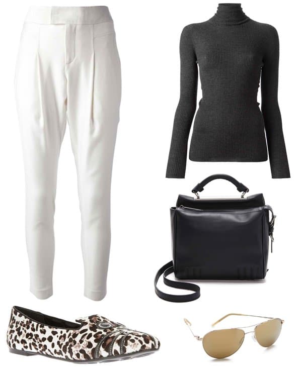 Helmut Lang tailored pants with ribbed sweater and shoes outfit