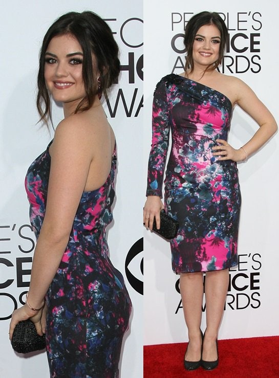 Lucy Hale keeping it girly and glam in a one-shoulder floral dress at the 2014 People's Choice Awards held at the Nokia Theatre L.A. Live in Los Angeles on January 8, 2014