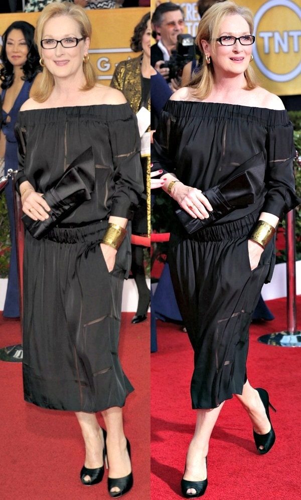 Meryl Streep in a black off-the-shoulder dress from Stella McCartney