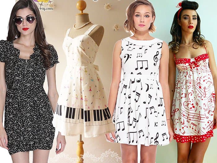 AMI Clubwear Music-Note-Print Dress, Music Lover Piano Dress by Amordress on Etsy, ROMWER Melinda Korencsi's Musical-Note-Printed Dress, and Music-Note-Print Baby Doll Dress by mclaineo on Etsy
