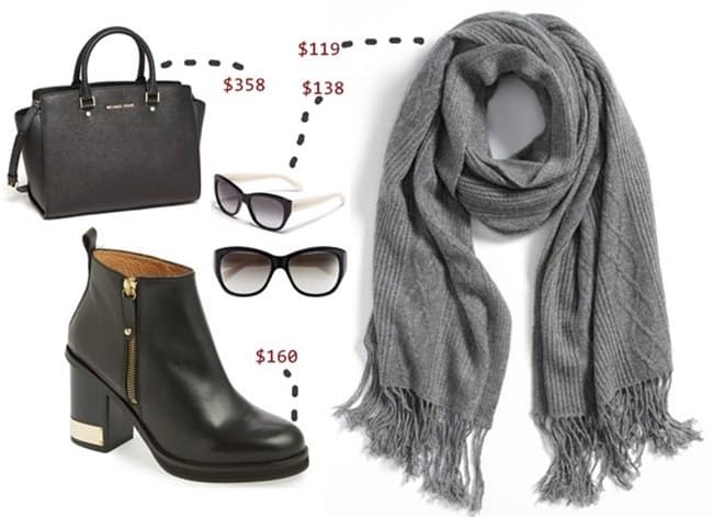 Scarf: Nordstrom Luxe Cable Knit Cashmere Scarf / Boots: Topshop All Ours Boots / Sunnies: Kate Spade Kia Cat-Eye Sunglasses / Bag: Michael Michael Kors Selma Large Leather Satchel