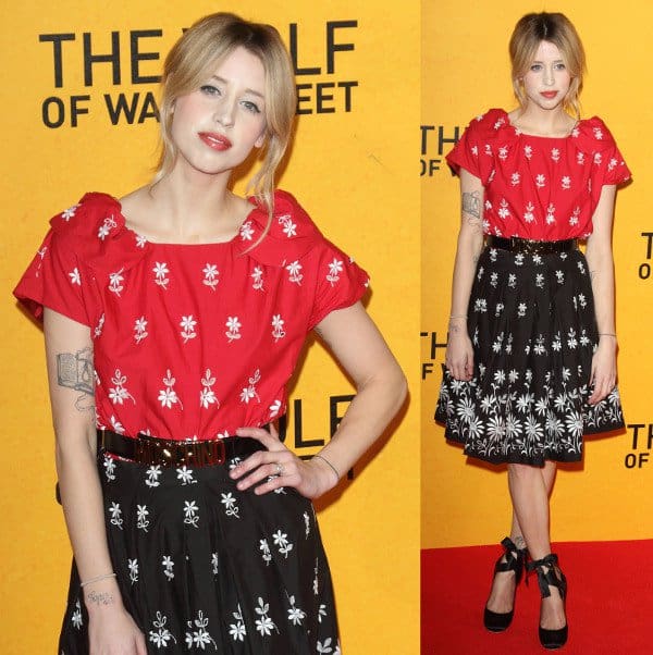 Peaches Geldof in a mismatched embroidered Moschino dress at 'The Wolf of Wall Street' UK premiere, Odeon Leicester Square, London, January 9, 2014