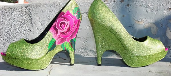 pink rose and green shoes