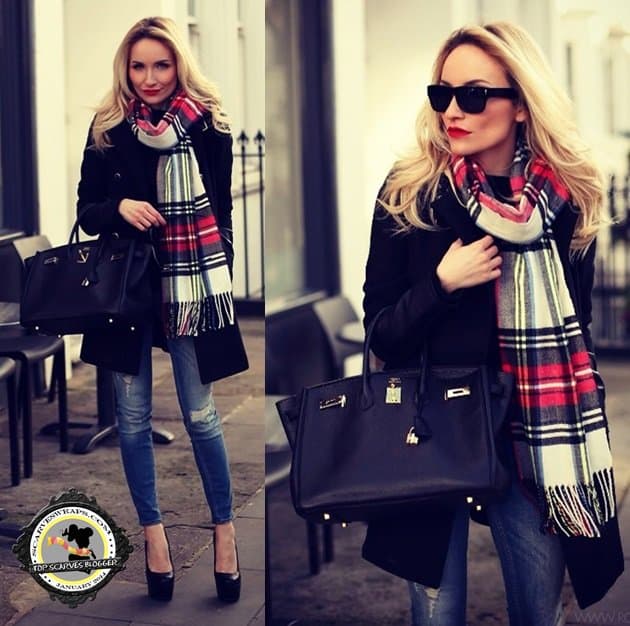 Silvia uses a plaid Topshop scarf as her statement accessory