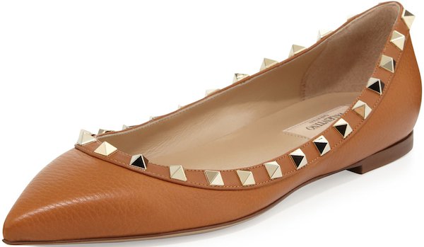 Valentino "Rockstud" Ballerina Flats in Tan