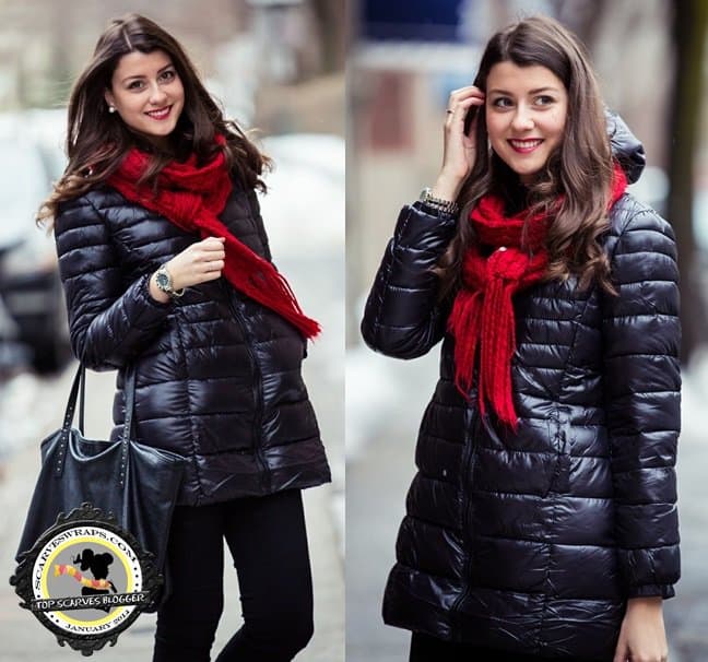 Julie styles a red scarf with a black puffer jacket
