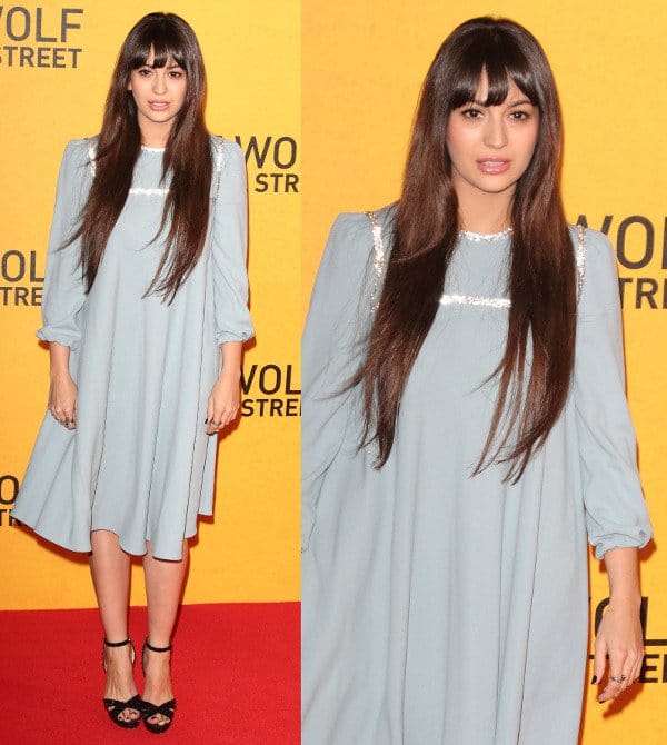 Zara Martin showing up in a powder blue midi-length dress at the premiere of The Wolf of Wall Street at the Odeon Leicester Square in London, England, on January 9, 2014