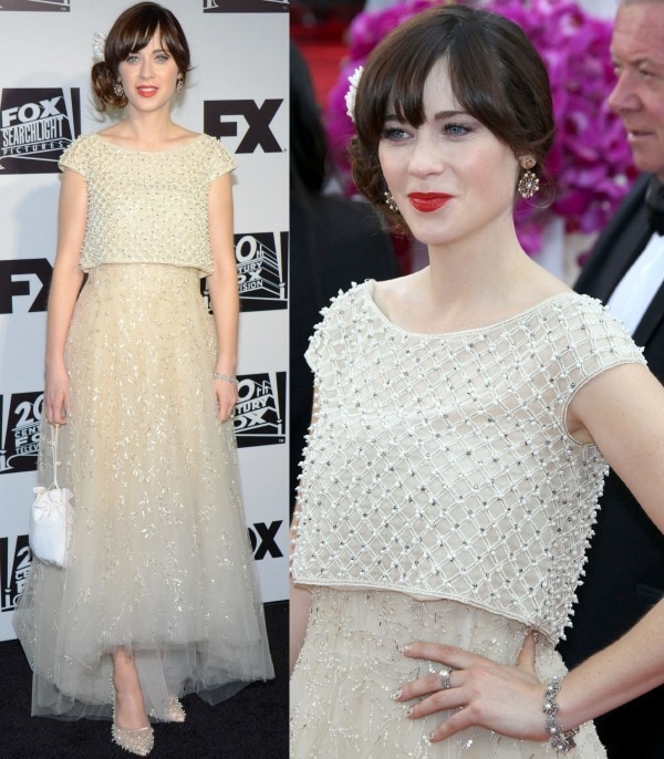 Zooey Deschanel at the 71st Annual Golden Globe Awards and at the Fox Golden Globes after-party in Los Angeles, California, on January 12, 2014