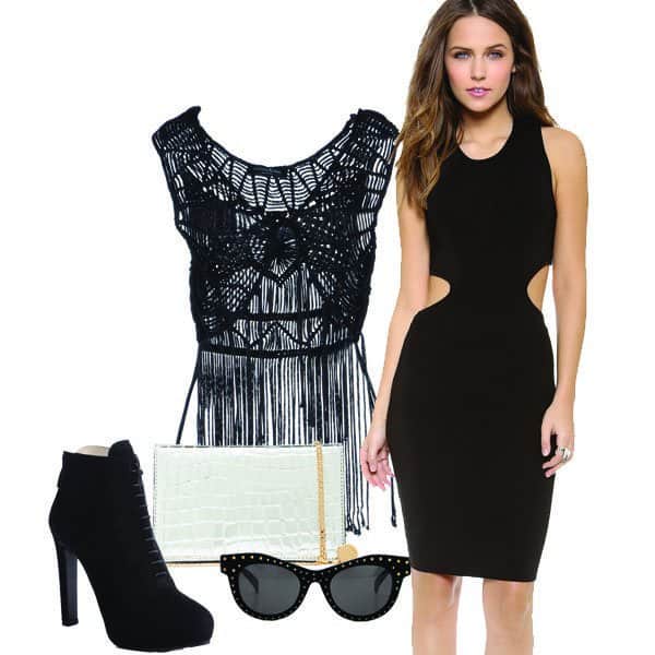 Formfitting AQ/AQ sweater dress with fringe top, ankle boots and sunglasses