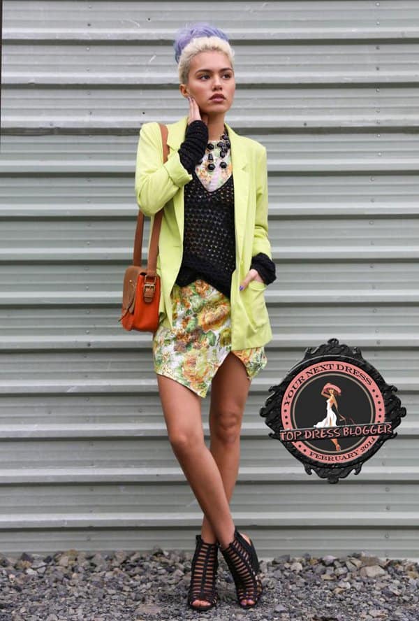 Alanna screams spring in neon green blazer and floral-printed mini dress