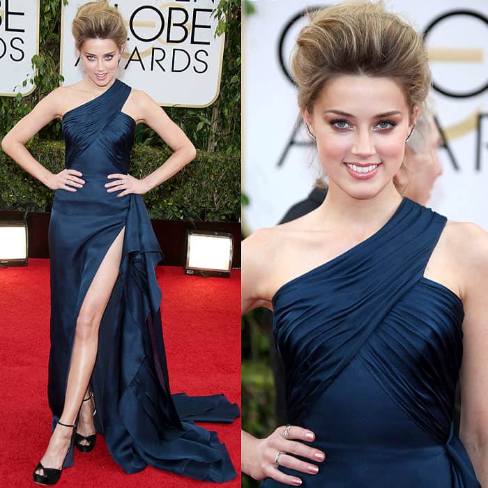 Amber Heard in a navy silk gazar Atelier Versace dress at the 71st Annual Golden Globes