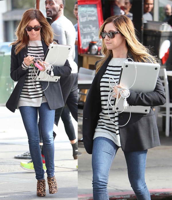Ashley Tisdale wears Genetic Denim James zipper skinny jeans with a Vince Breton striped cashmere boat-neck sweater, leopard booties, and an Alice + Olivia long tuxedo blazer