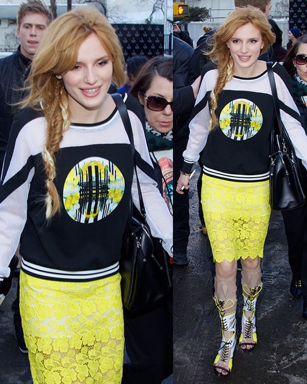 Bella Thorne wears a head-to-toe Rebecca Minkoff ensemble, including a bright yellow "Angelica" skirt