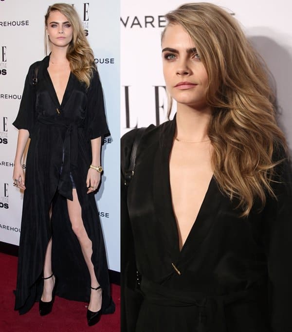 Cara Delevingne stuns in a black kimono at the ELLE Style Awards, held at One Embankment in London on February 18, 2014