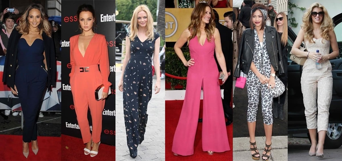 Celebrity jumpsuits showcase versatile styles, from Alesha Dixon's chic navy ensemble to Amy Willerton's casual yet stylish beige look