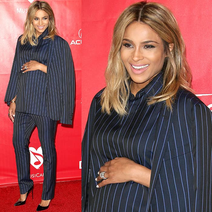 Ciara in a navy blue Lanvin Homme pin-striped suit at the 2014 MusiCares Person of the Year