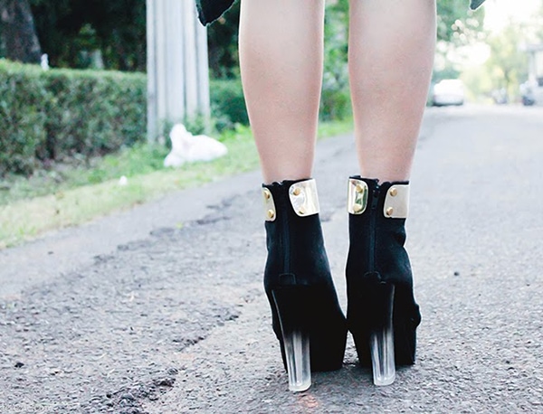 Black suede booties with chunky Lucite ombre heels