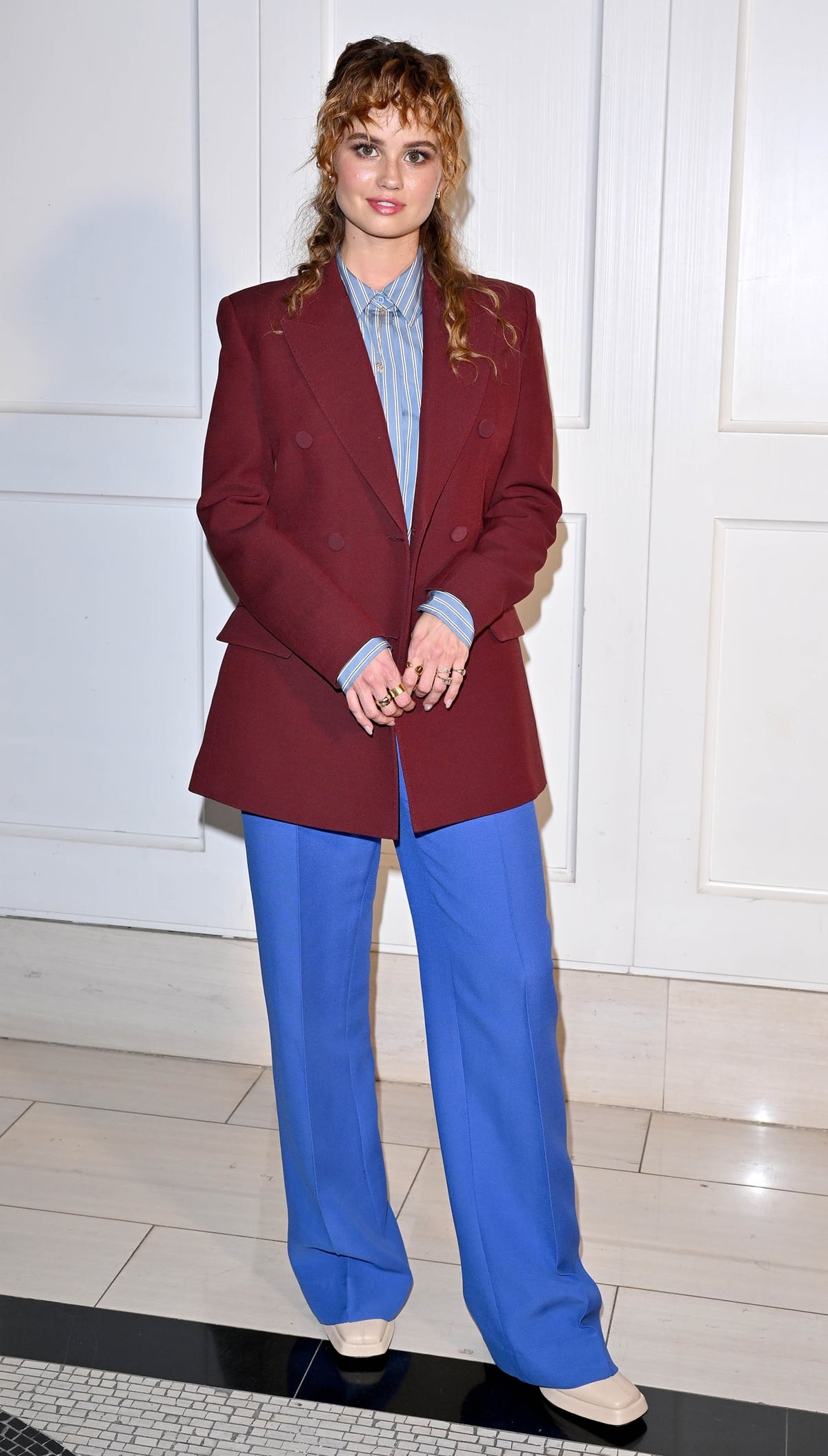 Debby Ryan in a Lafayette 148 suit and white shoes at the Los Angeles special screening of IFC Films' "Spin Me Round"