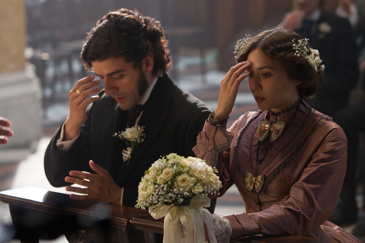 Elizabeth Olsen as Therese Raquin and Oscar Isaac as Laurent LeClaire in the 2013 American erotic thriller romance film In Secret