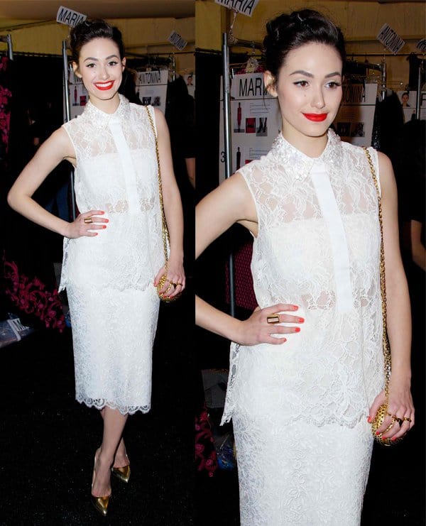 Emmy Rossum dazzles in a sheer white lace ensemble at Monique Lhuillier's show during NYFW Fall 2014 in NYC