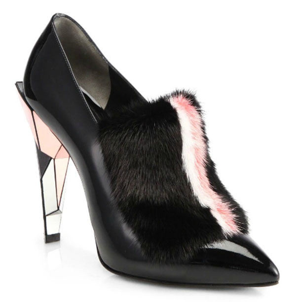 Fendi Fur-Trimmed Patent Leather Ankle Boots in Black/Pink/White
