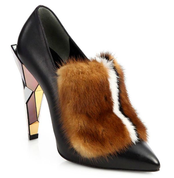 Fendi Leather Fur-Trimmed Pumps in Black Multi