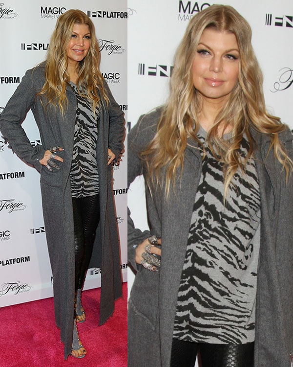 Fergie wears a long gray cardigan and a Saint Laurent shirt for her Las Vegas appearance