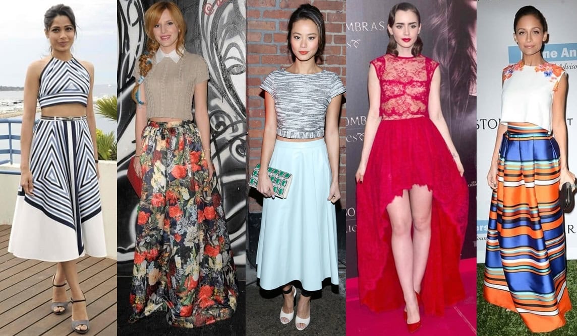Get inspired by these stunning full skirt and cropped top combinations worn by Bella Thorne, Freida Pinto, Jamie Chung, Lily Collins, and Nicole Richie, perfect for any occasion