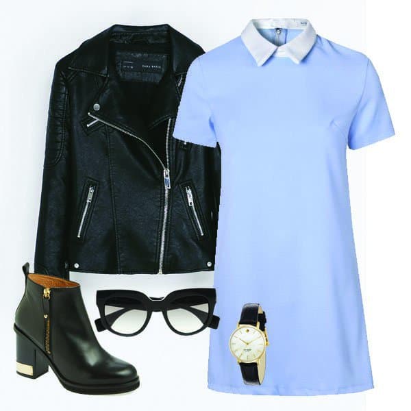 Light blue shift dress with ankle boots, motorcycle jacket, glasses and watch