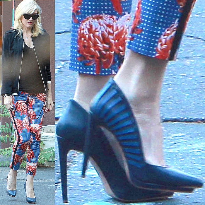 Gwen Stefani wearing striped blue pumps